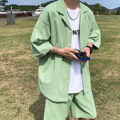 Men's Summer Thin Ice Silk Short-sleeved Shorts Two-piece Loose Set with Handsome Men's Clothing