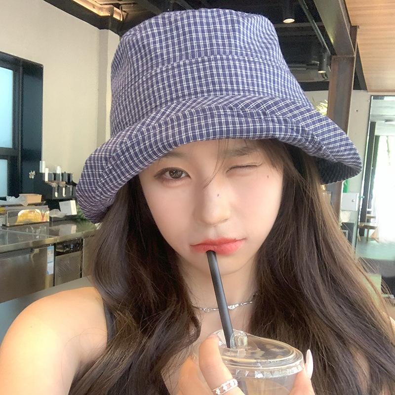 Japanese Fisherman Hat for Women In Summer New Style Small Fresh Plaid Curly Sun Protection Hat Wide Brim Small Basin Hat