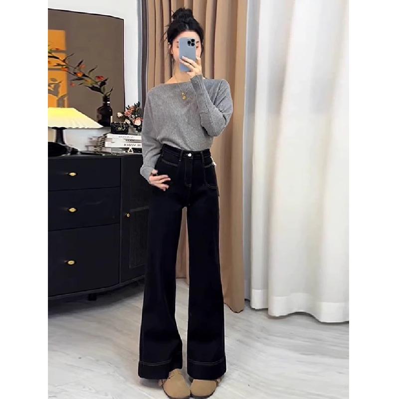 Women's Black High Waist Micro Flare Jeans for Spring/Autumn - Slimming, Loose Fit, Pear-Shaped Body, Straight Wide Leg