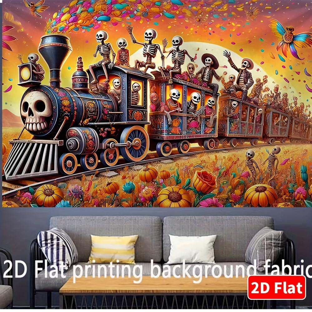 1 piece of 2D plane, Halloween - Skeleton Train, multi-functional decorative banner, indoor/outdoor decoration, room