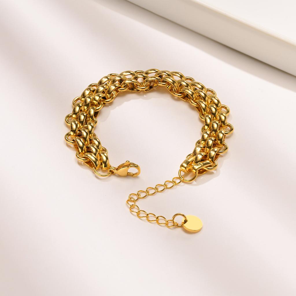 Chic Women Multi-layer Chain Bracelets, PVD Gold Color Stainless Steel Links Wristband Jewelry, Trendy Length Adjustable