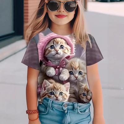 Kids T Shirts 2025 Summer New Girl's Stylish Cute Animal Play, Printed Pattern Round Neck Short Sleeve Tops