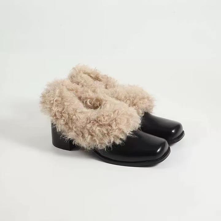 

Sheepskin version~ retro leather square head versatile velvet warm fluffy shoes one pedal thick heel loafers single shoes women 35