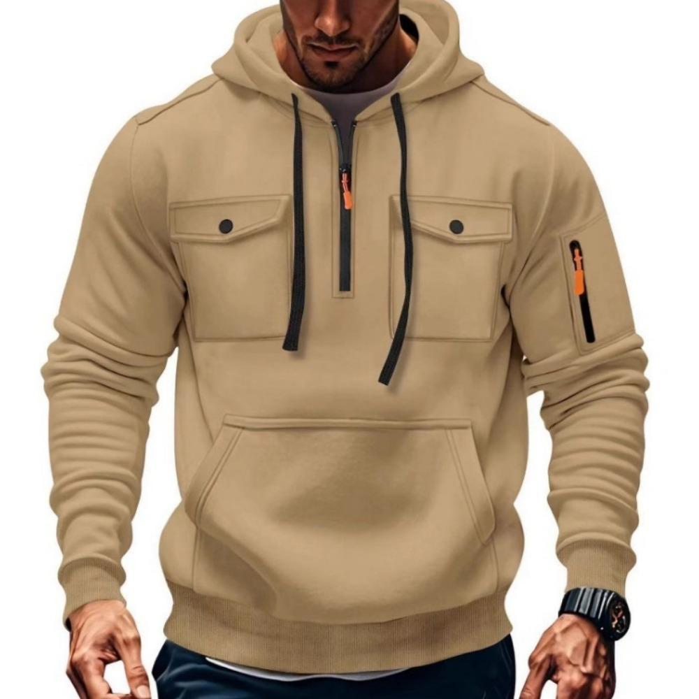 Men's hooded pocket zipper casual fleece hoodie solid color coat for autumn and winter