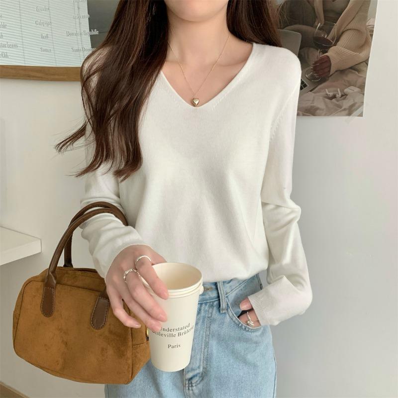 Autumn Winter V-neck Solid Color Simple All-match Bottomed Knitting Top Women Long Sleeve Casual Pullover Sweater