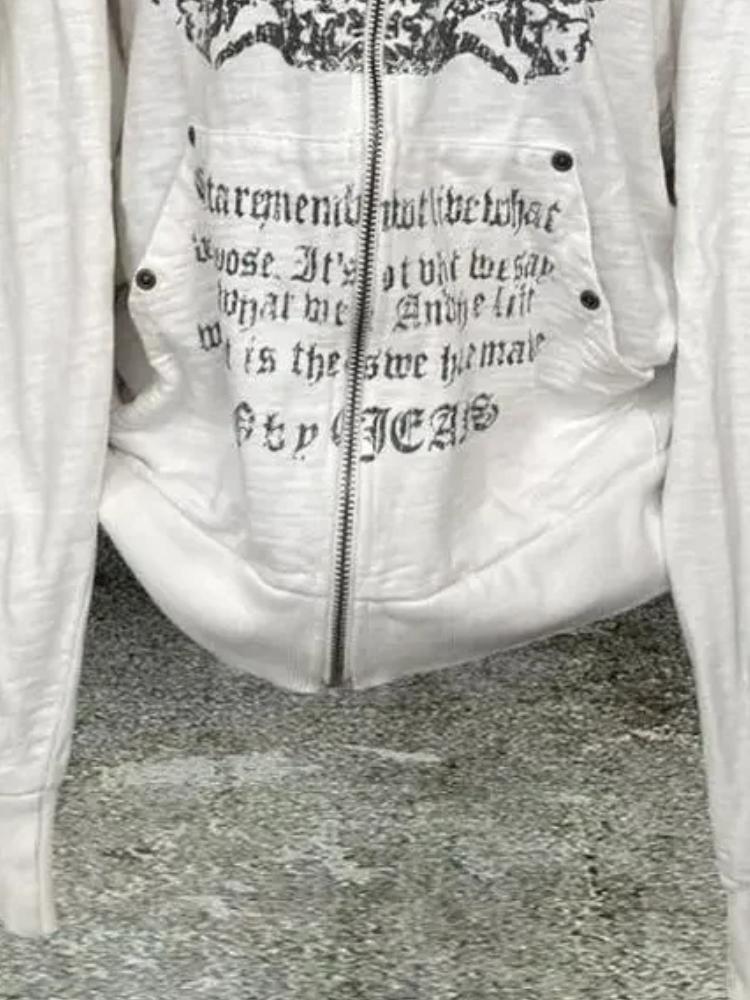 2000s Retro Vintage Sweatshirt Women Clothes White Print Tunic Hooded Y2k Coat Streetwear Fashion Casual Hoodies Tops Ropa Mujer