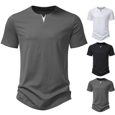 Vyriški marškinėliai trumpomis rankovėmis Henley, kasdieniai medvilniniai, prigludę, baziniai vasariniai V formos iškirptės marškinėliai vyrams