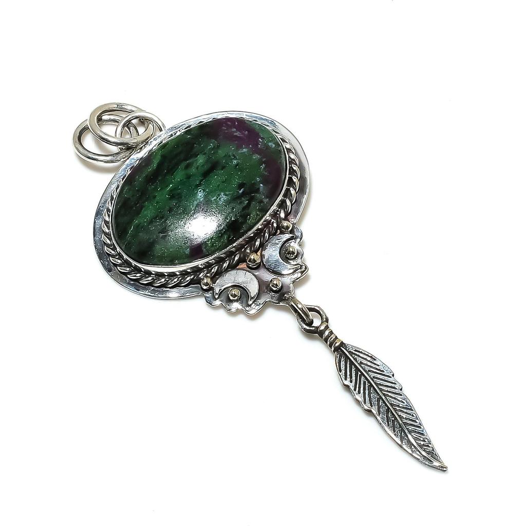 Handmade Ruby Zoisite Pendant with Feather Charm in 925 Sterling Silver – Perfect Christmas, New Year, or Holiday Gift for Her