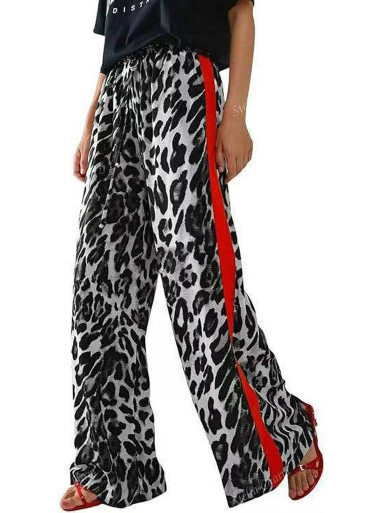 Leopard Print Patchwork Wide-Leg Women's Trousers