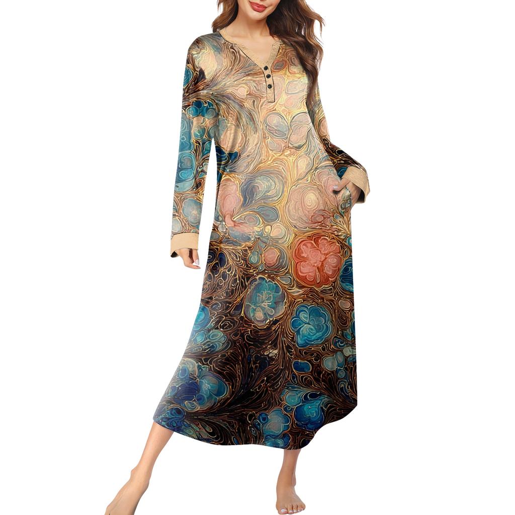 Damska koszula nocna długa odzież wypoczynkowa dekolt V sukienka nocna z kieszeniami