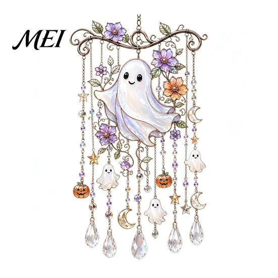 Whimsical Bat And Black Cat Decor Halloween Acrylic Wind Chime Pendant, Crystal Suncatcher Hanging Ornaments, Decorative Luminous Pumpkin Porch