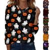Women Halloween Pullover Sweatshirt Round Neck Long Sleeve Casual Top Ghost Pumpkin Print Lightweight Soft Fabric