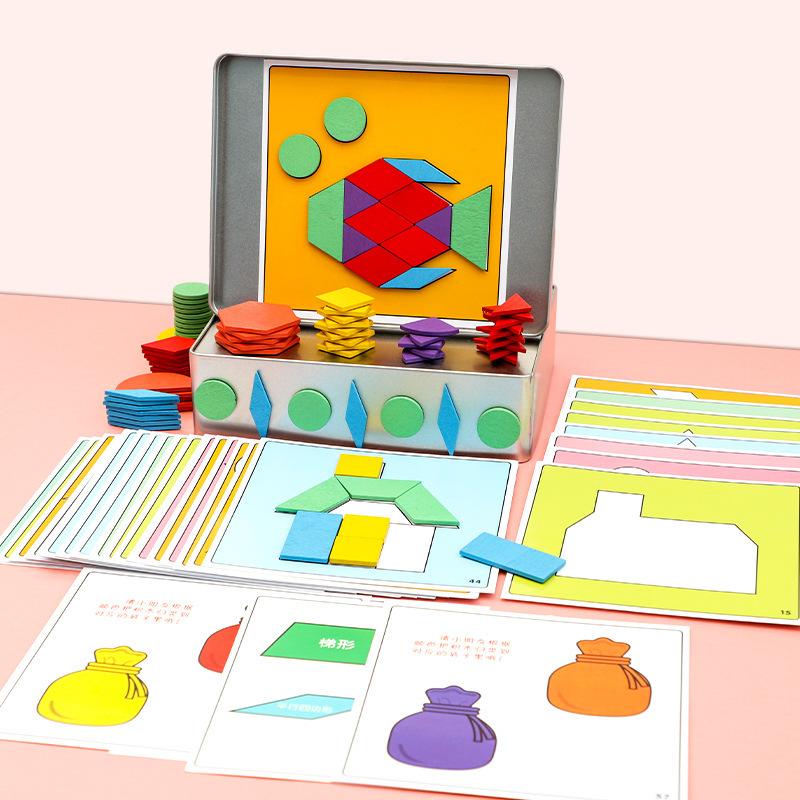 

Tangram Puzzle Kids Toy Iron Boxed Wooden 150PCS Magnetic Tangram Graphic Card Matching Multi-Function Play Educational Toy Set