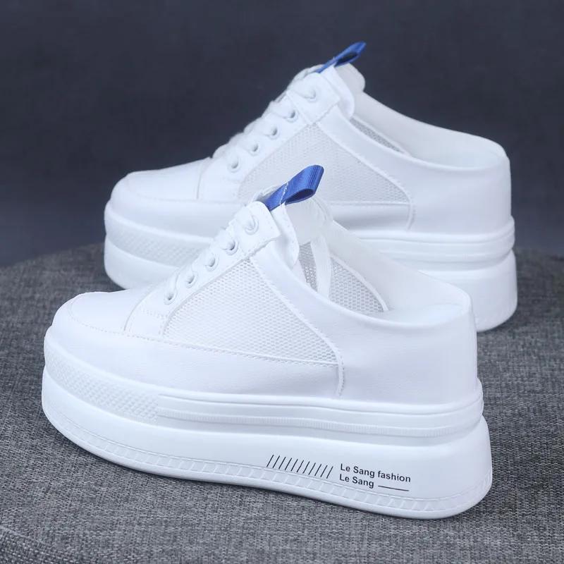 Fashion 2025 Spring and Summer Mesh White Shoes Baotou Half Slippers Women's Thick Bottom Increased 10CM Lazy Shoes White Sneakers