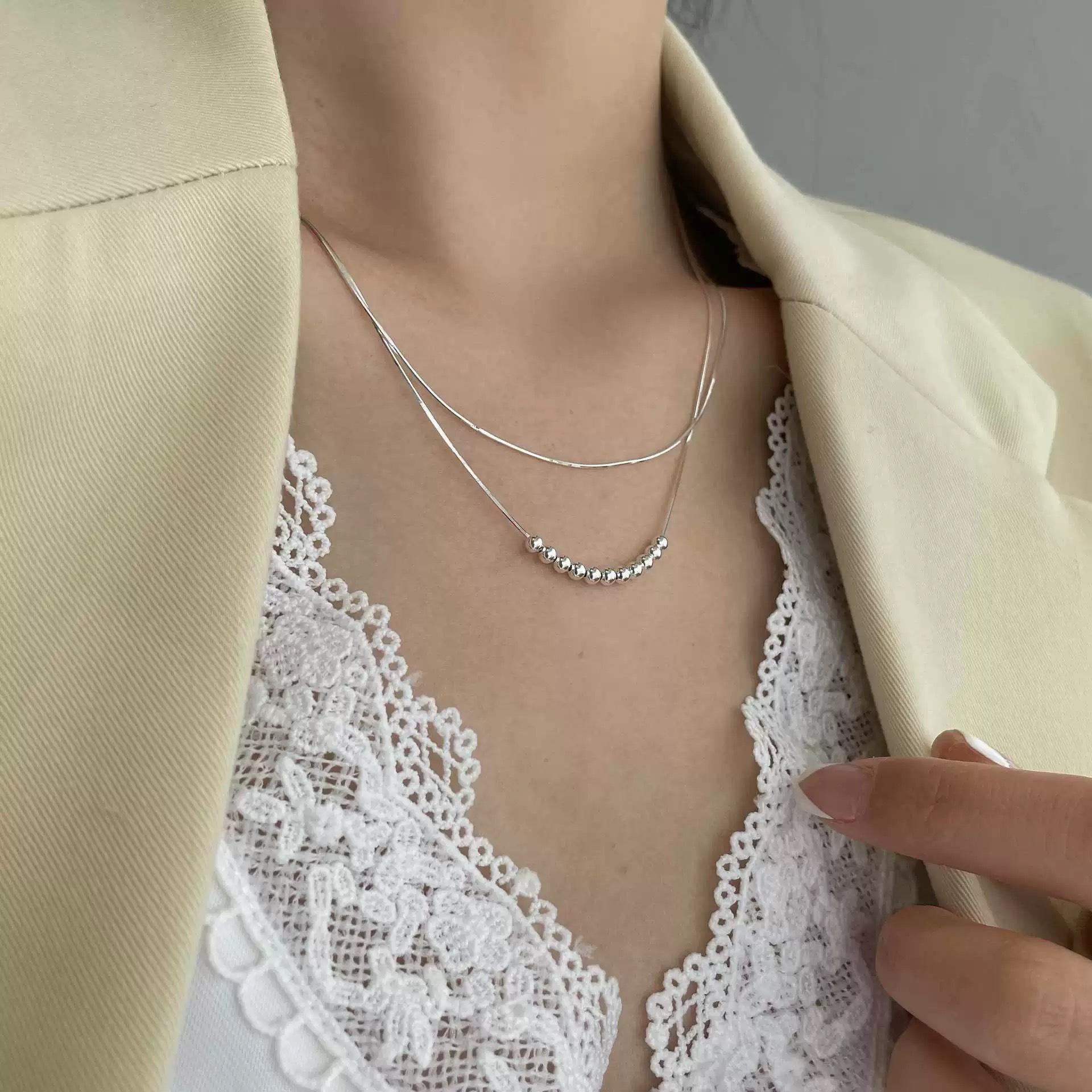 Double-Layer Minimalist Round Bead Necklace for Women - Elegant Clavicle Chain in Trendy Cold Ins Style