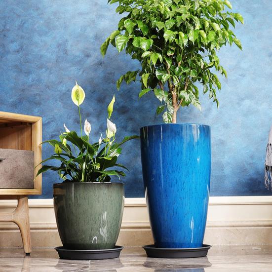 Deep Flower Pot Imitation Ceramic Plant Pot with Drainage Hole Resin Monstera Planter with Saucer for Indoor Outdoor Plants Home Garden Office Decor