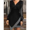 QICED Fashion Autumn Winter Solid Color Print Long Sleeve V-Neck Casual Dresses