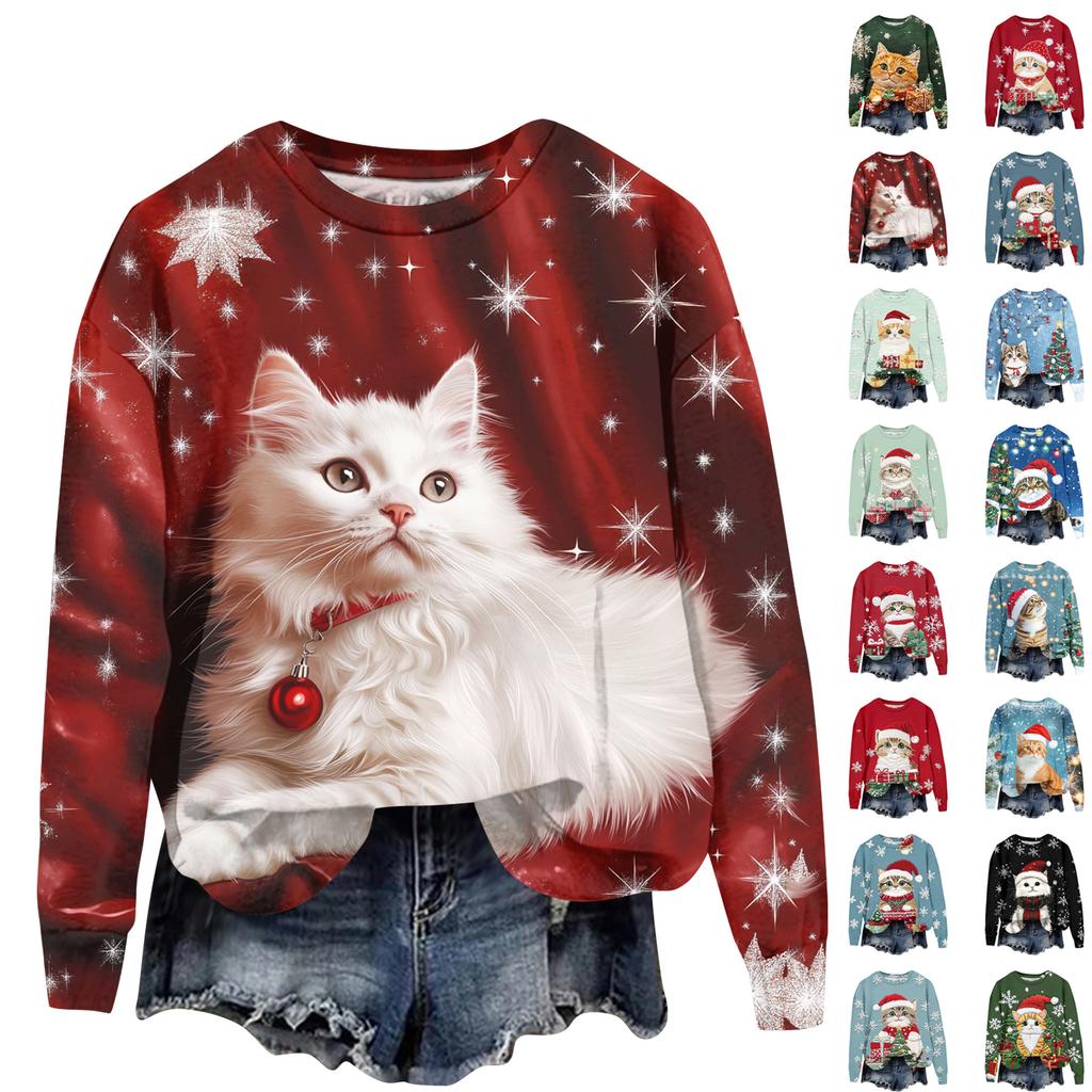 Ladies' Christmas Printed Casual Long Sleeved Round Neck Sports Hoodie Top