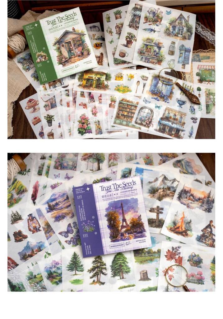Retro Scenery Die-cut Sticker Book: Washi Paper with Houses, Forests & Coffee Themes