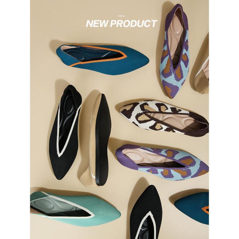 Flying Woven Pointed Single Shoes Large Size Women's Shoes Egg Roll Knitted Flat Bottom Soft Sole Breathable Woven Bean Shoes Spring and Autumn