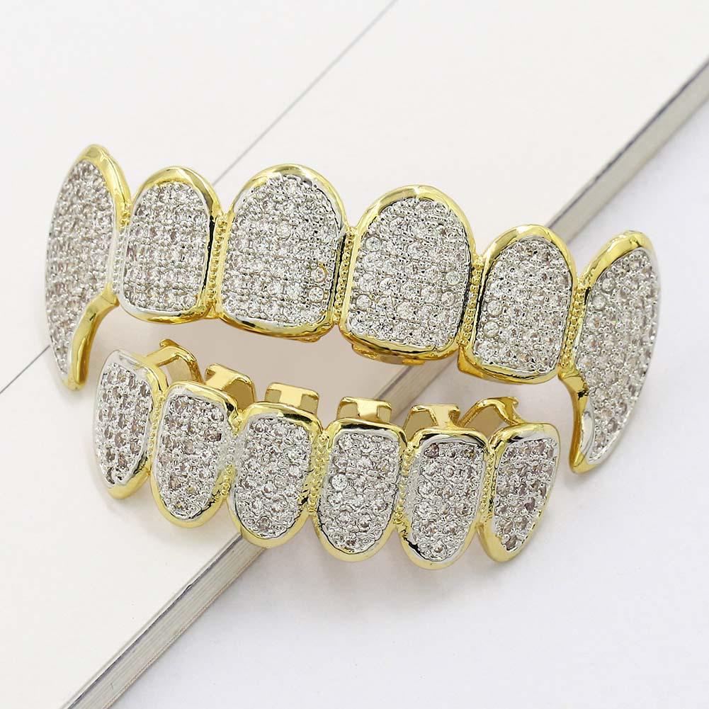 Hop Inset Zircon Teeth Fangs Brass Grillz Top Bottom As Body Jewelry