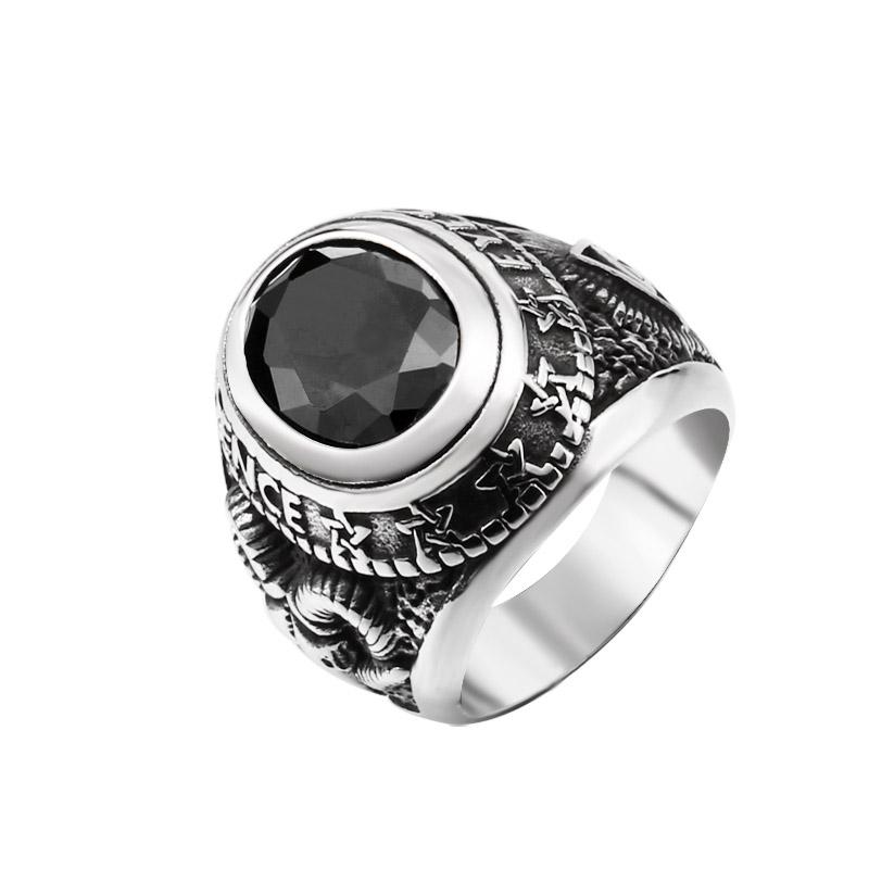 Stainless Steel Unique Black Stone Ring Gothic Biker Retro Old Totem Jewelry for Gifts Free Shipping