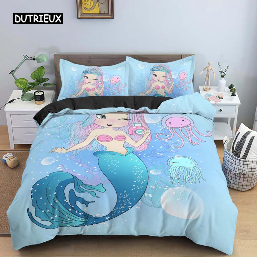 Mermaid Bedding Set Duvet Cover for Girls Cartoon Mermaid Comforter Cover for Kids Teens Birthday Gifts for Bedroom Decorations