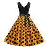 Women Retro 50s Midi Edge Dress V Neck Sleeveless High Waist Lace Up Tight A Line Loose Hem Flower Bow Decor Dot Print