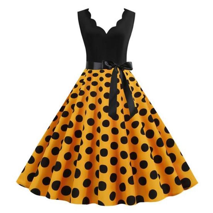 Women Retro 50s Midi Edge Dress V Neck Sleeveless High Waist Lace Up Tight A Line Loose Hem Flower Bow Decor Dot Print