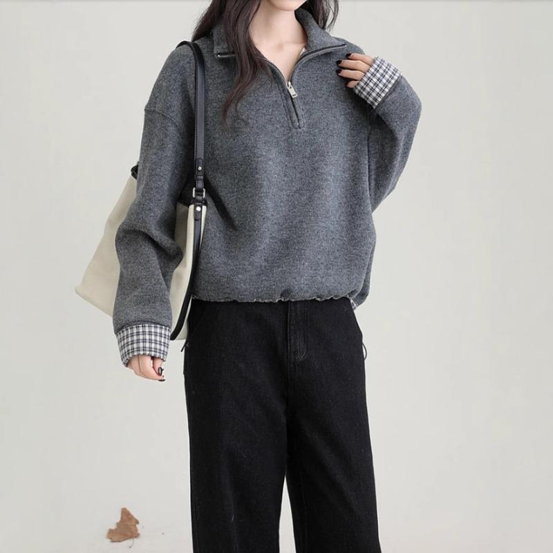 

Stand-up Collar Velvet Half-zip Sweatshirt for Women Autumn and Winter New Thickened Warm Plaid Splicing Top S серый