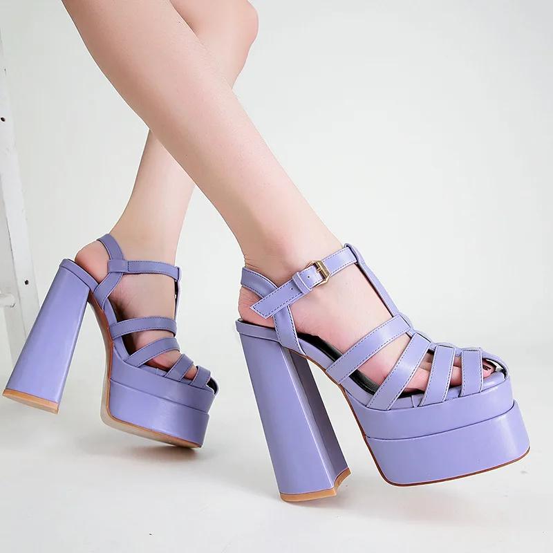 Fashion Spring and summer 2024 new high-heeled shoes women's one-button high-heeled Roman sandals women's heavy-heeled large sandals