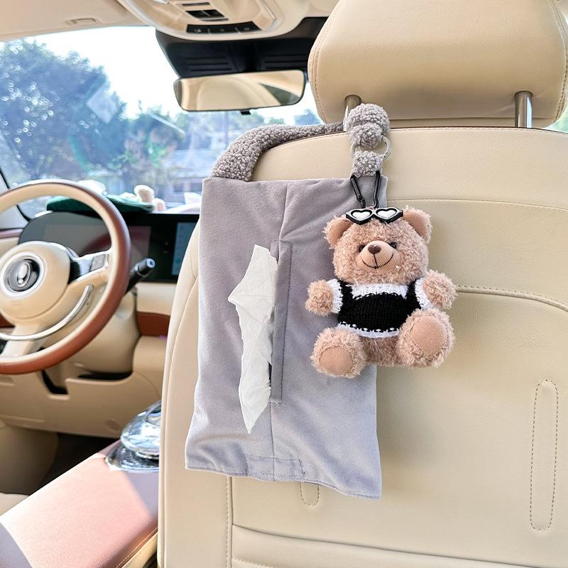 Cartoon Car Tissue Box Creative Doll Bear Car Hanging Paper Box Cute Plush Car Home Dual-use Hanging Bag