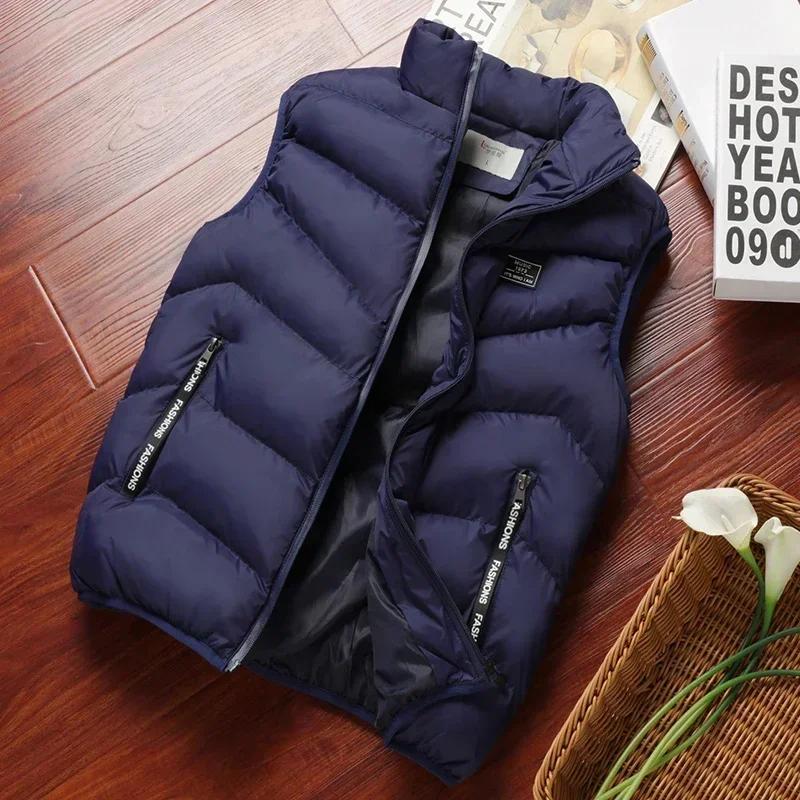 

New Puffer Sleeveless Coats Mens Solid Color Down Jacket Winter Warm Vest Jacket Men Waistcoat Outwear Windbreaker Clothing L синій