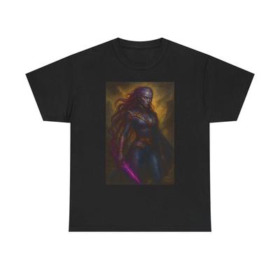 Dunkle Kriegerin T-Shirt | Fantasy Sci-Fi Kunst, Neonschwert