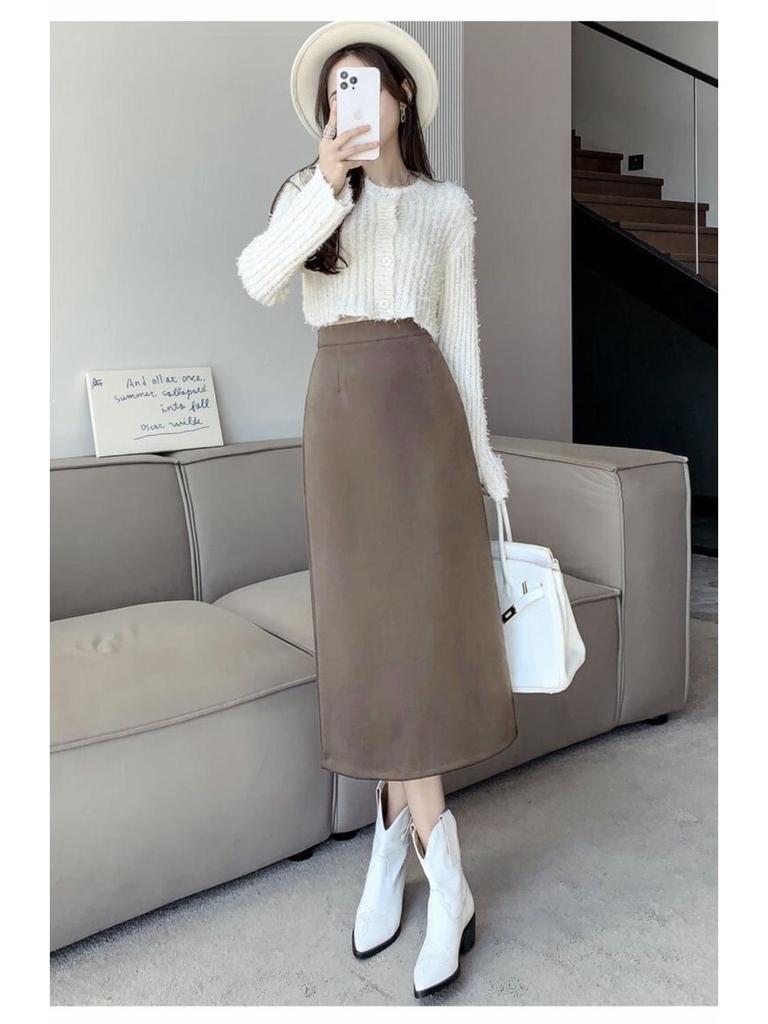 Women's 2025 Autumn Wool High-Waisted Mid-Length Pencil Skirt with Slit