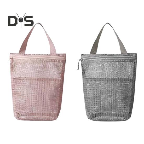 Storage Shower Bag Beach Toilet Bag Zipper Closure Large Capacity Solid Color Hollow Mesh Cosmetic Bag with Handle