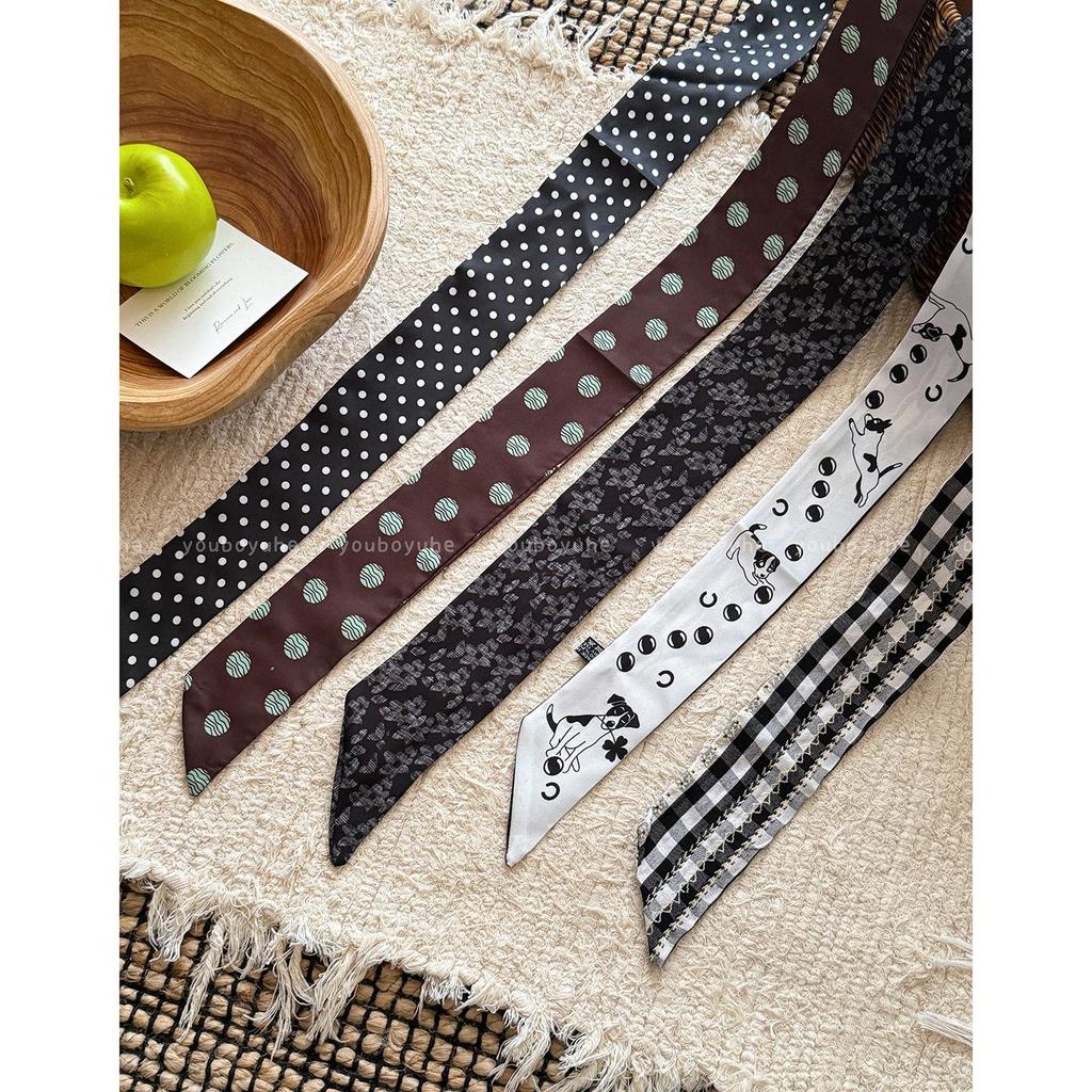 Korean Polka Dot Silk Scarf: Black & White Long Ribbon for Women