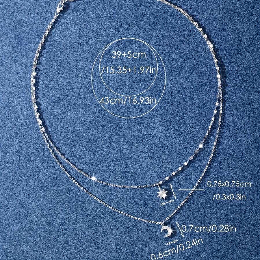 Star Moon Silvery Double Layer Necklace Multi-Layer Fashion Collarbone Chain Women's Jewelry Gift Perfect Accessory for Ramadan