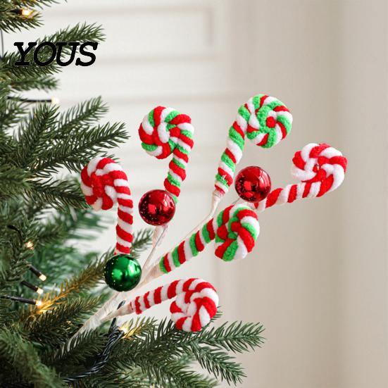 Xmas Tree Decoration Christmas Candy Cane Pick, Red White Green Plush Stem, Decorative Props Branch for Vase Filler, Wreath, Filler
