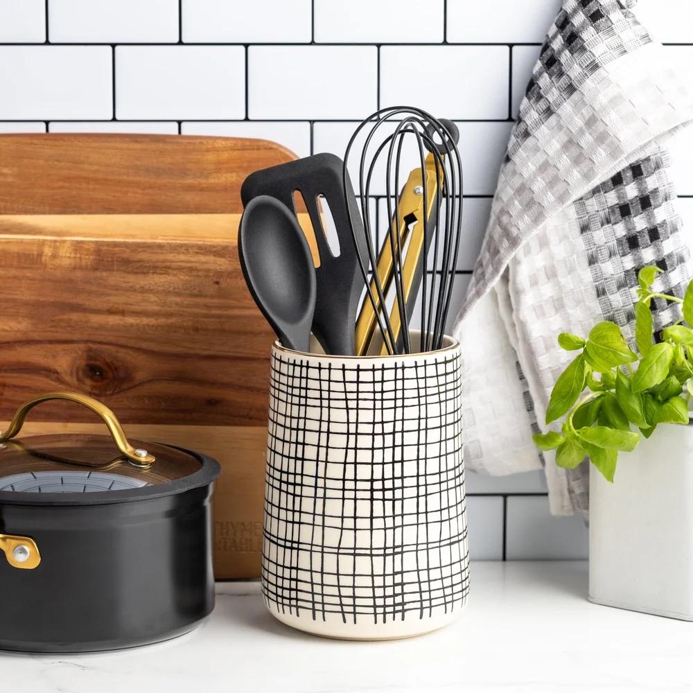 Durable Ceramic Utensil Holder Kitchen Organizer Cross Hatch Design Stylish Water Resistant Storage Cooking Utensils