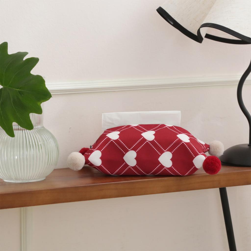 New Year's Festive Tissue Box, Creative Pom-pom Tissue Pack, Christmas-themed Heart-shaped Red Series
