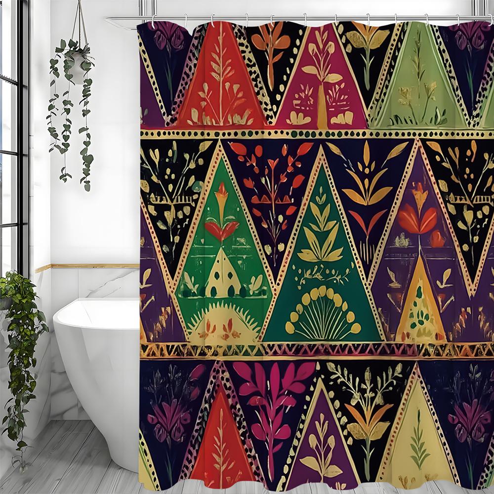 Triangle Pattern Floral Shower Curtain, Bathroom Decorative Shower Curtain, Waterproof Shower Curtain with Hooks