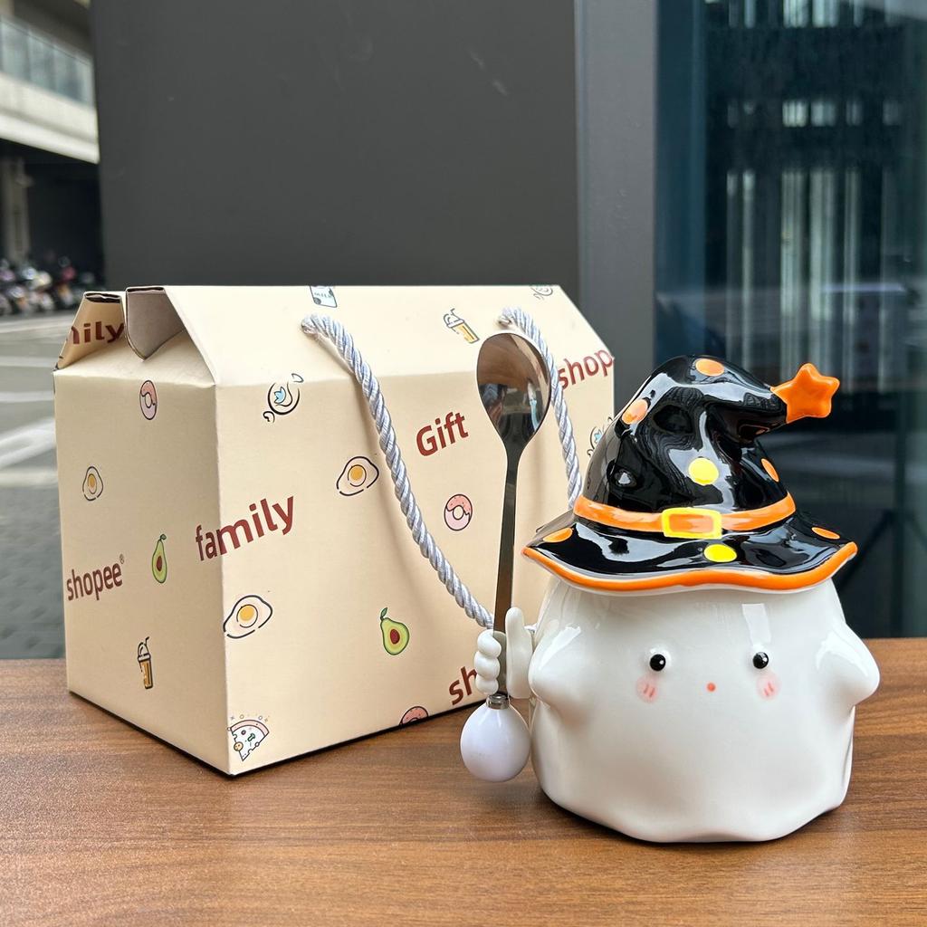 Cute Ghost Mug with Lid for Boys Ceramic Water Cup for Girls Practical Creative Cup for Teachers' Day Birthday Gift