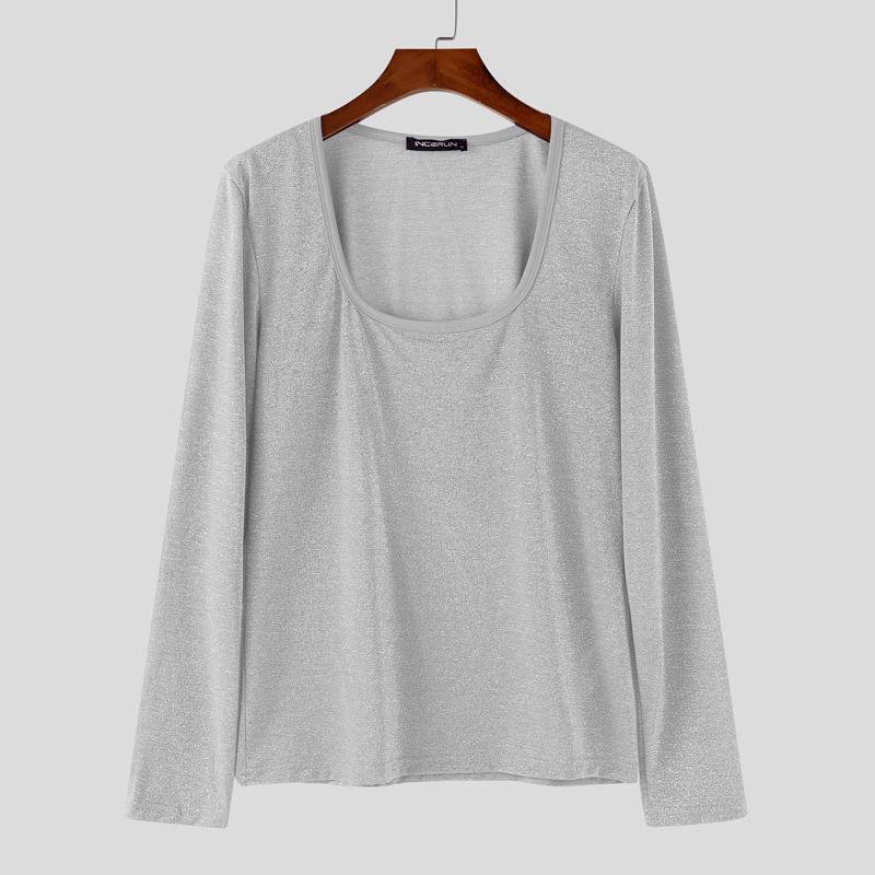 

INCERUN Men Square Collar Long Sleeve Glitter Casual Fitted T-shirts Undershirts 4XL серебряный
