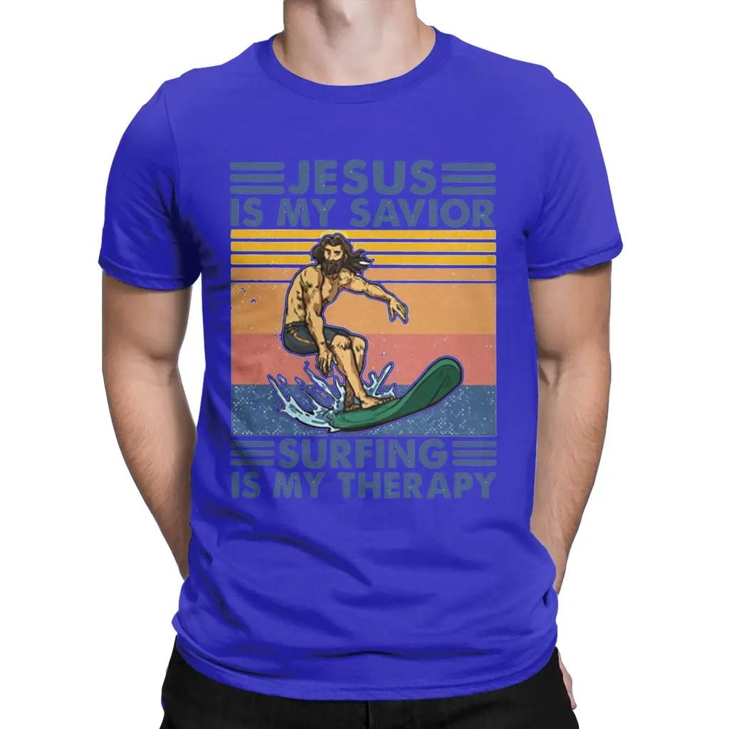 Jesus Is My Savior Surfing Is My Therapy T-Shirt Men Leisure Cotton Tees Crewneck Short Sleeve T Shirt Gift Tops