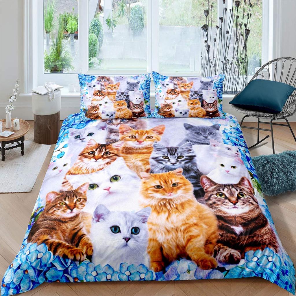 Cartoon Cat Duvet Cover Set Pet Cat Comforter Cover Cute Kitten Neon Light Cat Bedding Set 3D Cat Lover's Bedspread Cover 2/3pcs
