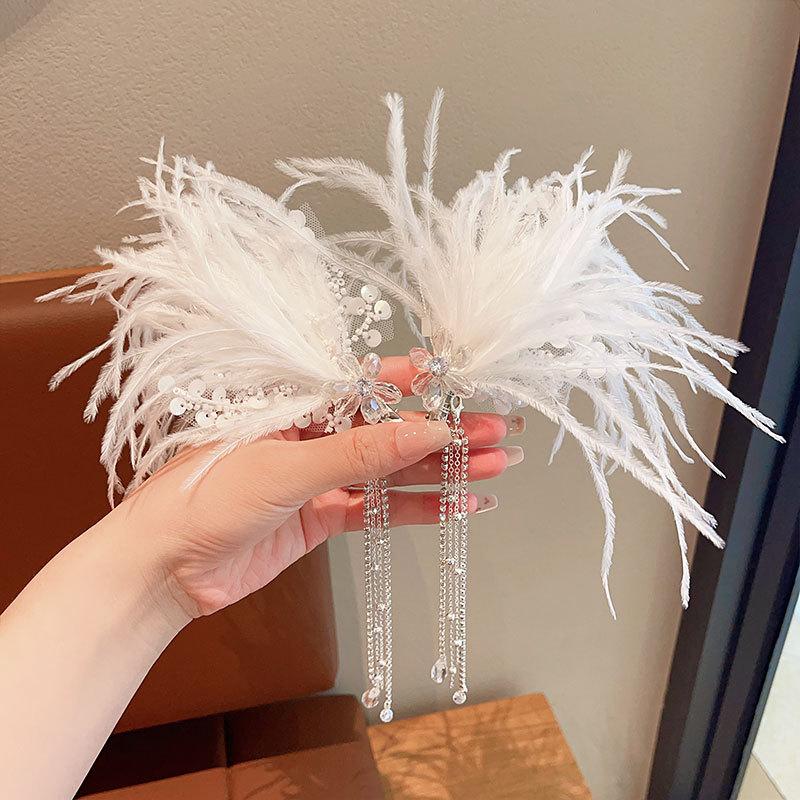 1 Pair of super fairy feather hairpin advanced sense crystal flower long fringe photo show dress hair accessories