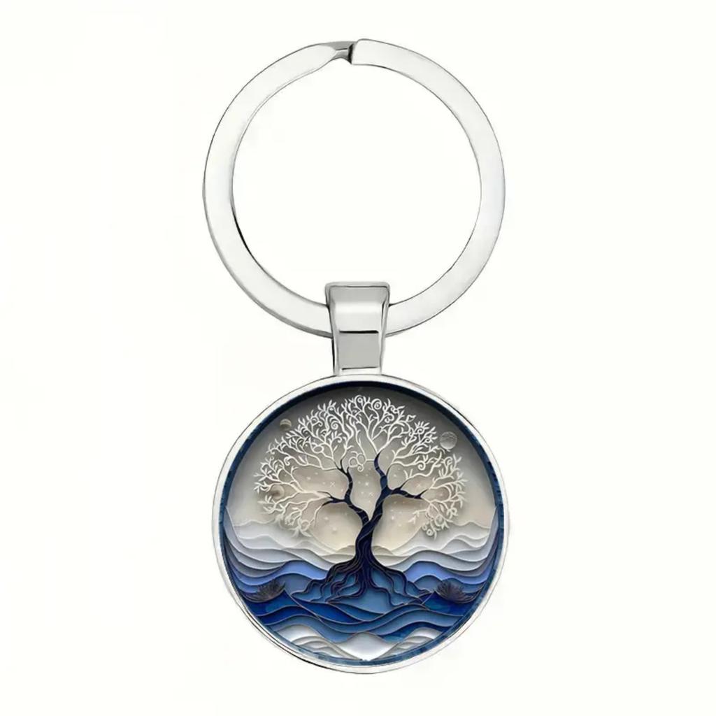 Round Alloy Keychain Pendant with Tree Pattern Artistic Metal Key Ring for Bag Key Holder Accessories Gift
