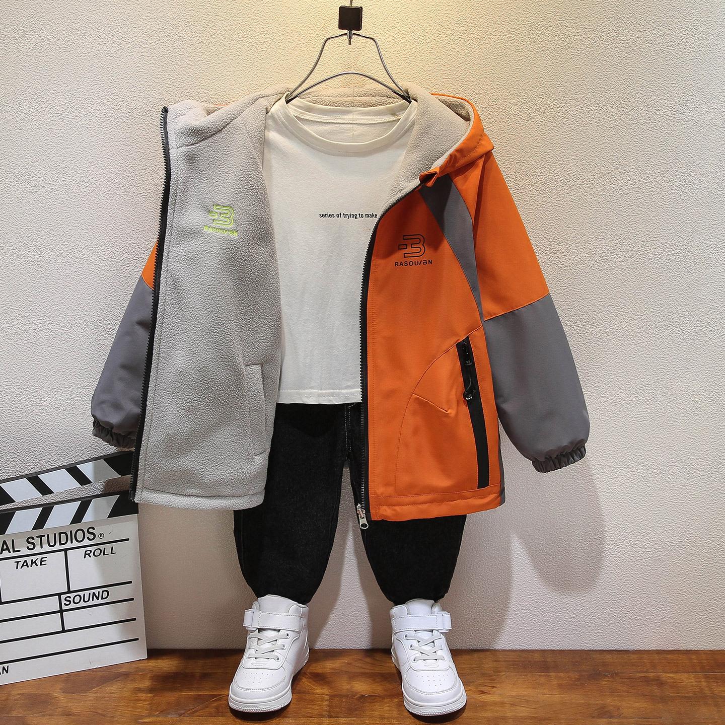 

Осенняя мода Пальто для мальчиков Плюс флисовый топ Ветровка Двусторонняя детская куртка 160cm оранжевый