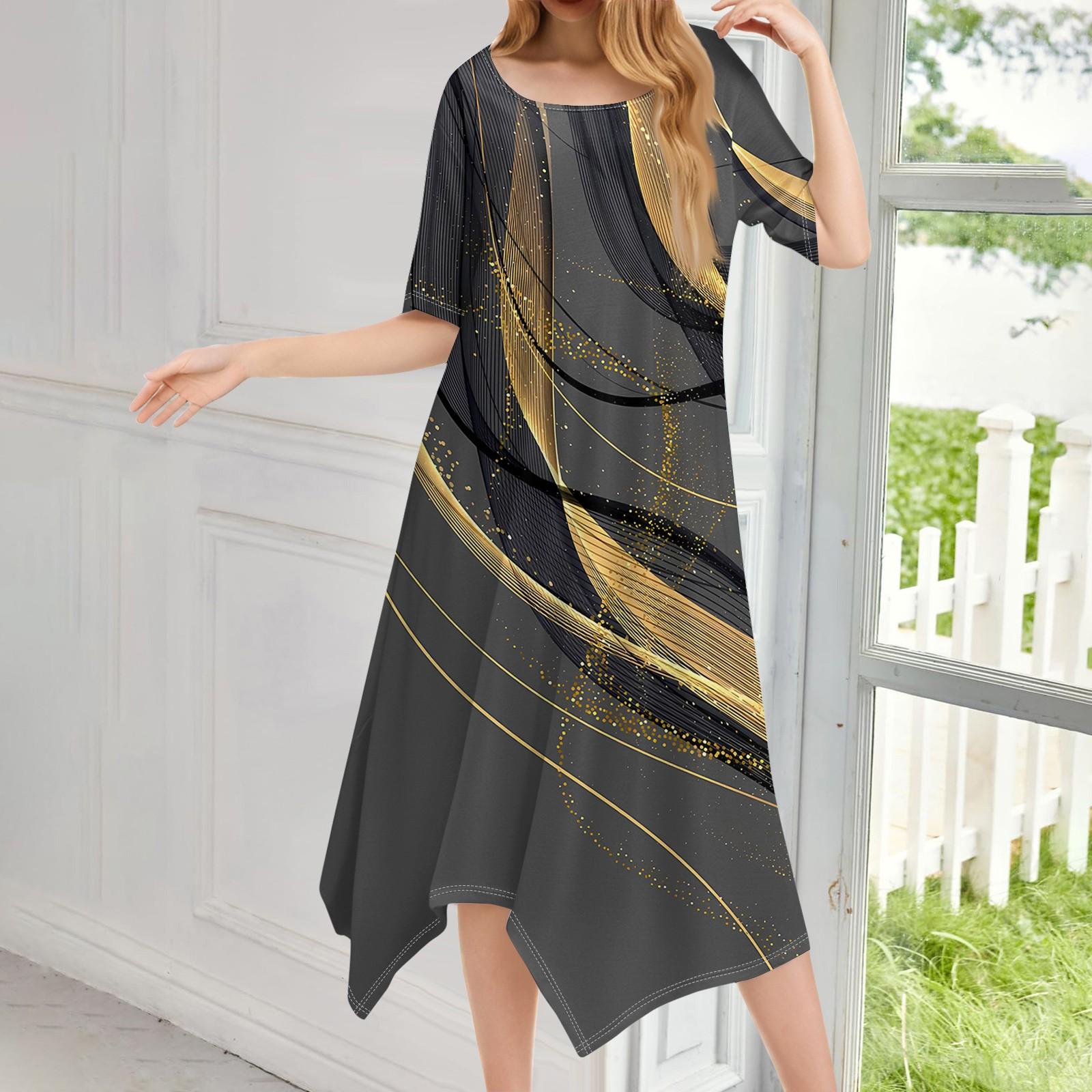 

Жіноча повсякденна мода з круглим вирізом та короткими рукавами, принт, нерегулярний поділ, міді-сукня XXL золотий